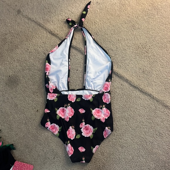 Deep V one piece bathingsuit black w pink floral - Picture 2 of 3